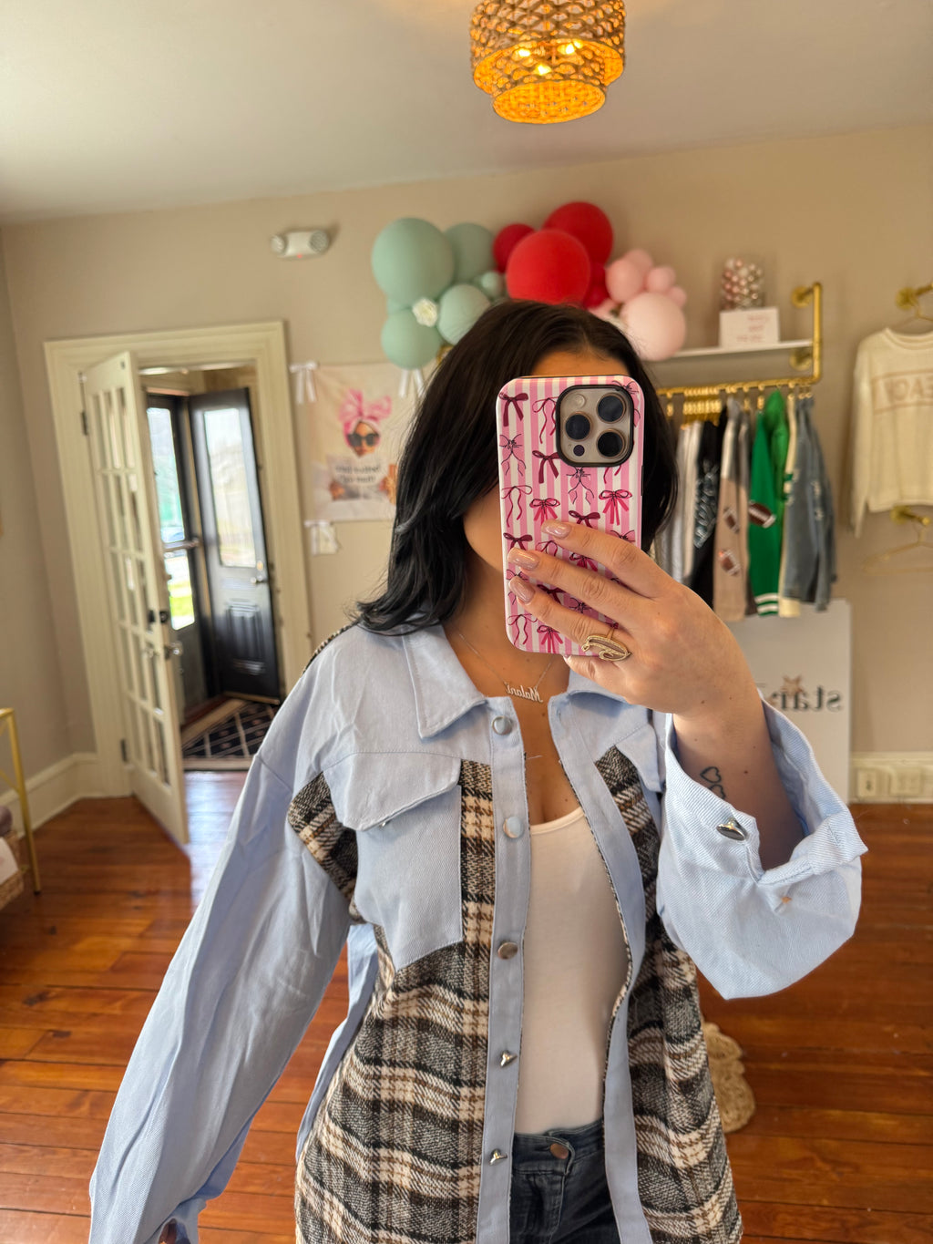 Plaid Patchwork Denim Shacket