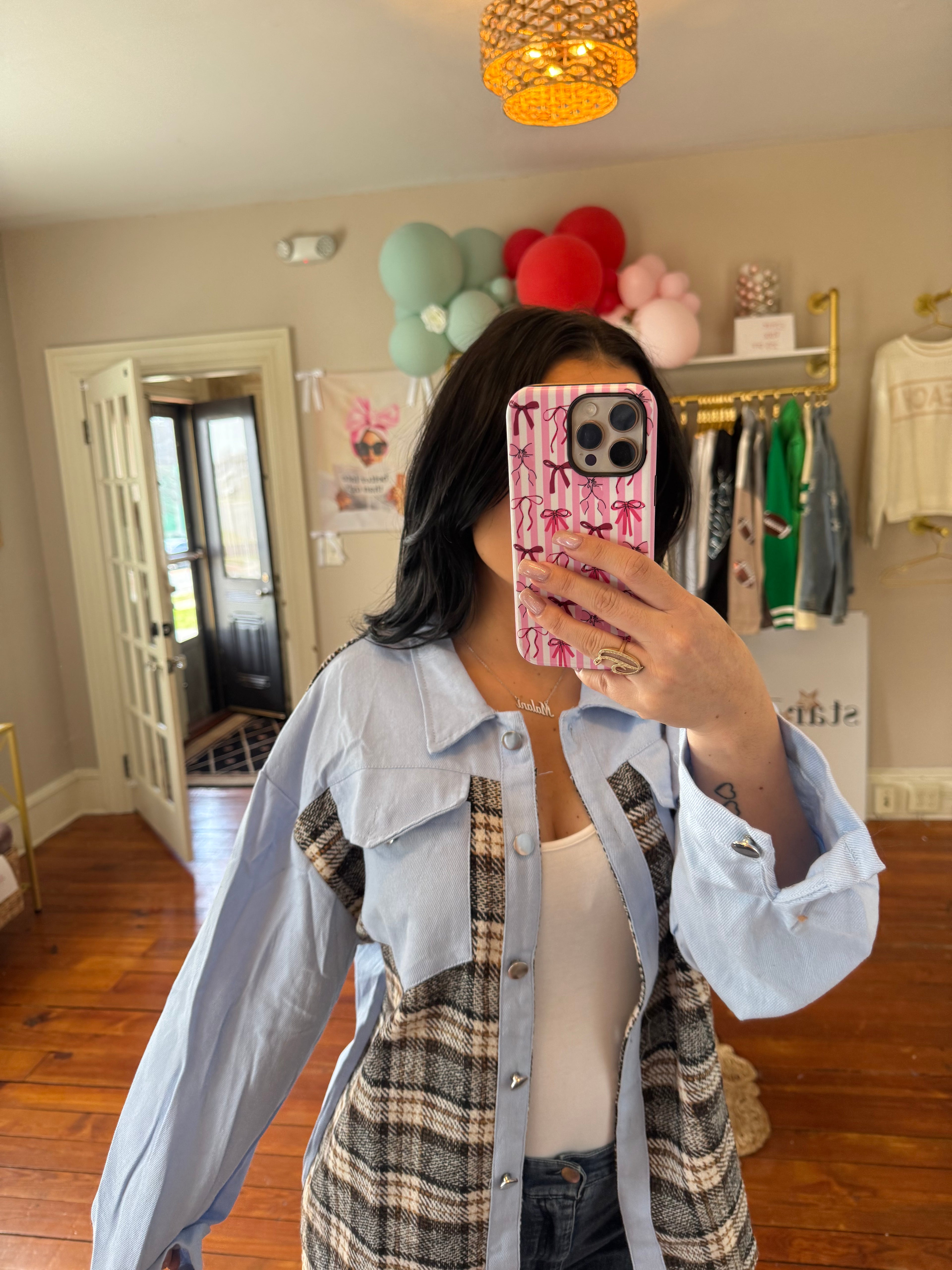 Plaid Patchwork Denim Shacket
