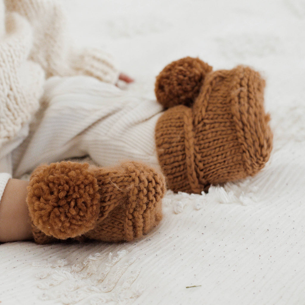 Garter Stitch Baby Booties Surf with Pom Poms